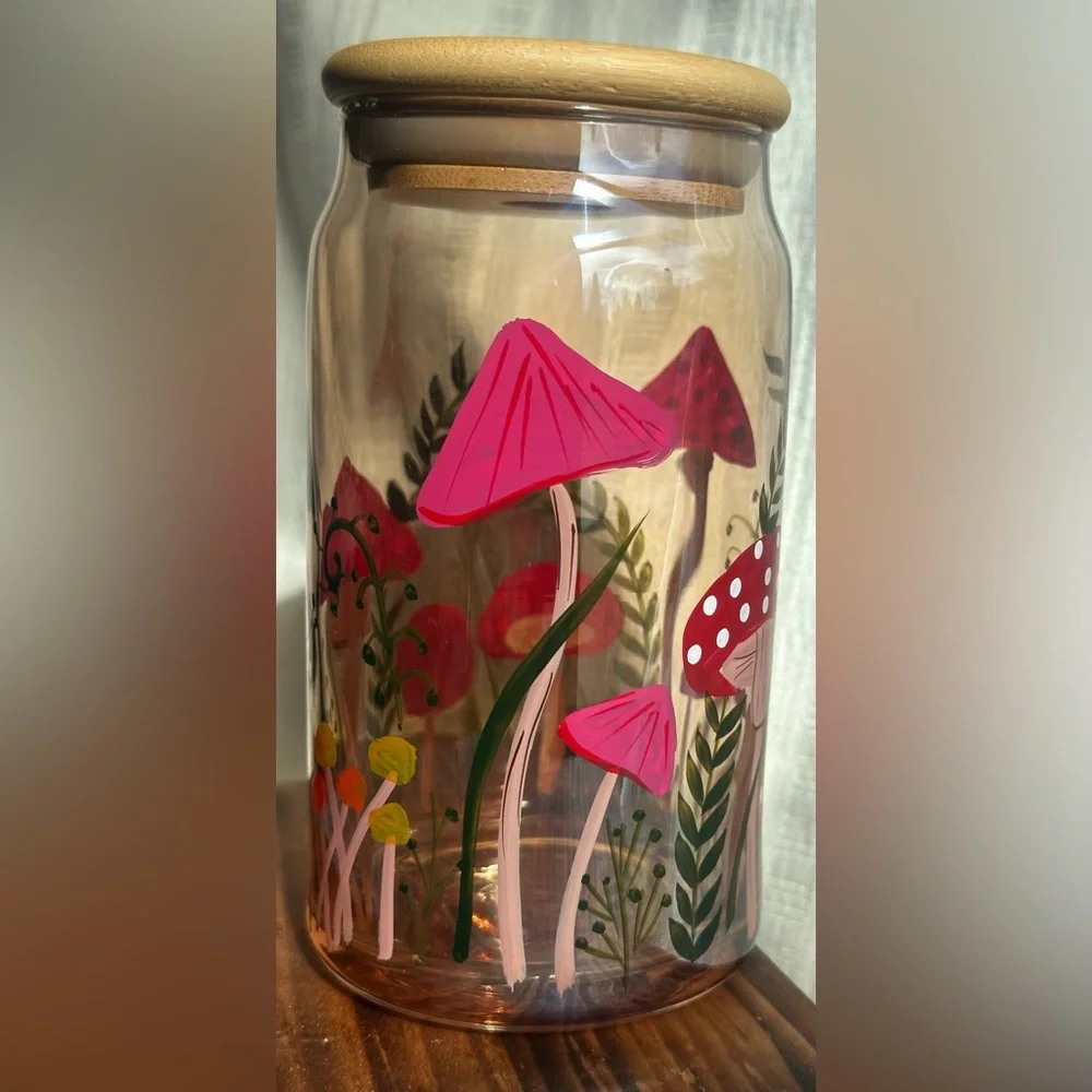 Pink Mushroom Glass Canister Jar Bamboo Lid Cottagecore